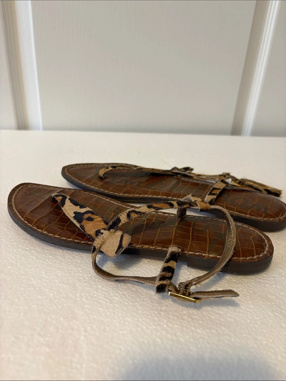 Sam Edelman Brown Croc-Embossed Sandals with Leopard Straps - Picture 2 of 2